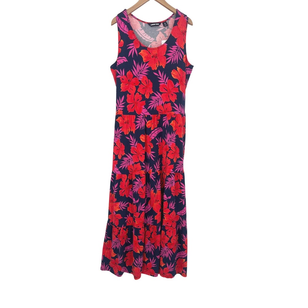 Lands End Maxi Dress M Blue Red Floral Tiered Tencel Resort Travel Cottage Beach